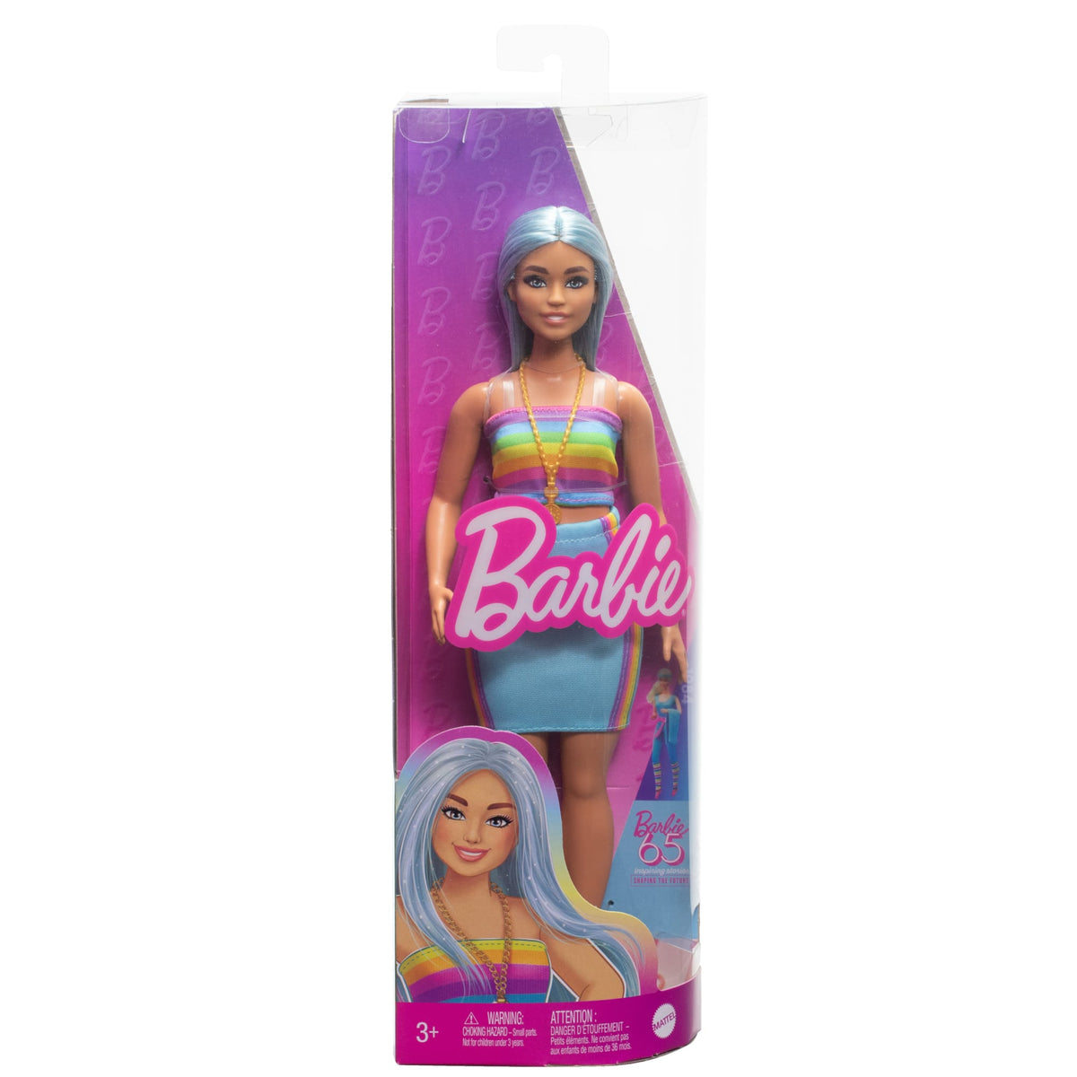 Barbie Fashionistas Doll #218 With Blue Hair, Rainbow Top & Teal Skirt, 65Th Anniversary