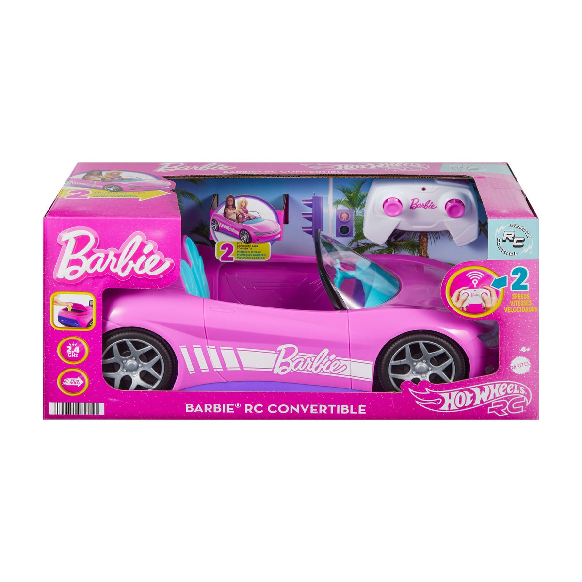 Hot Wheels RC Barbie Convertible, Battery-Powered Remote-Control Toy Car, Fits 2 Barbie Dolls