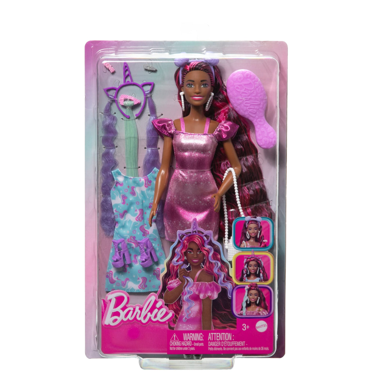 Barbie Fun & Fancy Hair Doll With Extra-Long Colorful Black Hair And Styling Accessories