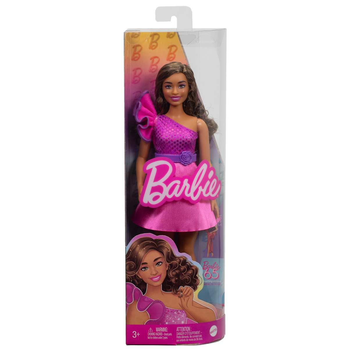 Barbie Fashionistas Doll #225, Curvy With Brown Hair, Pink Sparkly Dress, 65th Anniversary