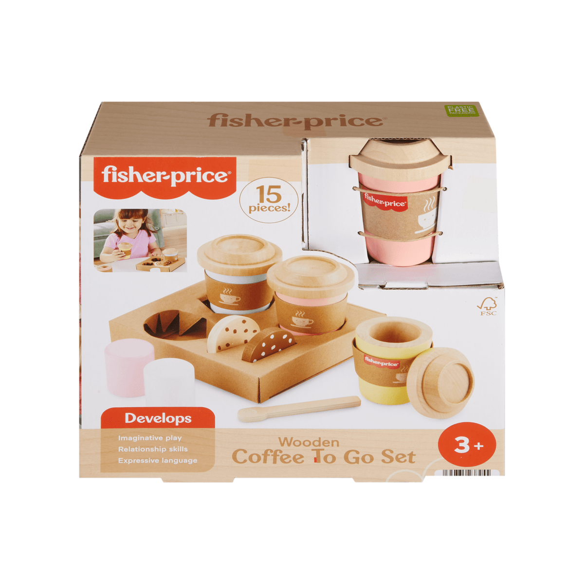 Fisher-Price Wooden Coffee To Go Set, Preschool Café Shop Playset, 15 Wood Pieces