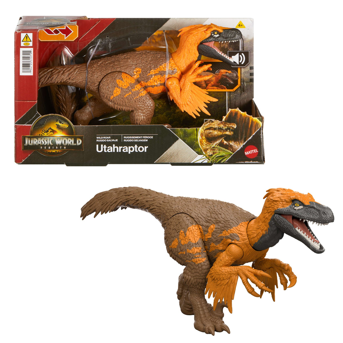 Jurassic World Rebirth Wild Roar Utahraptor Dinosaur Toy, Tail Controlled Attack Chomp & Sound