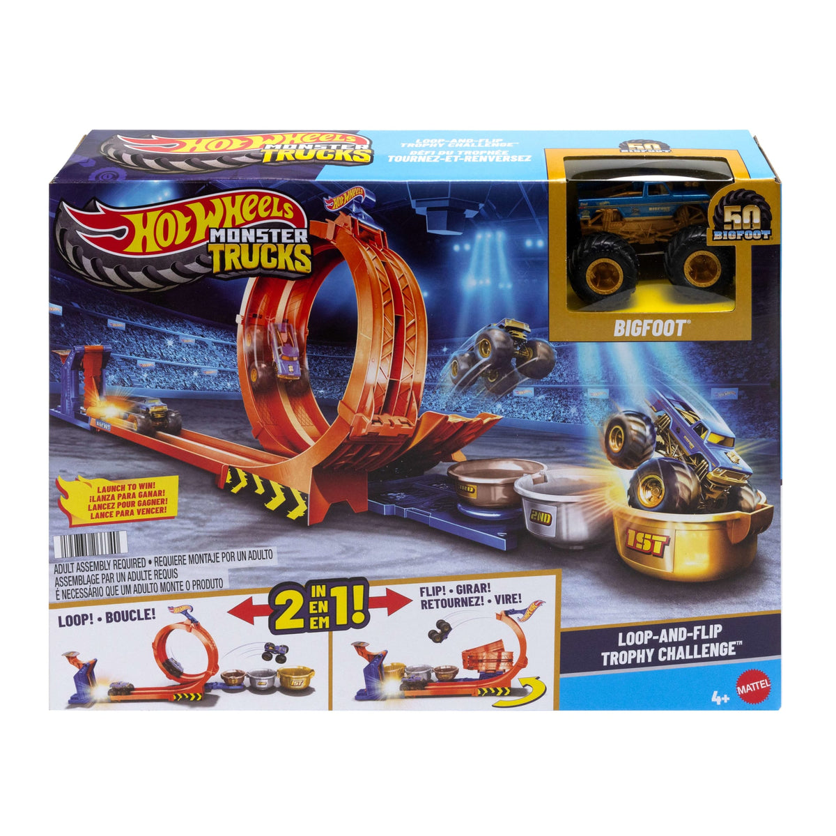 Hot Wheels Monster Trucks Loop-And-Flip Trophy Challenge Playset & Die-Cast Bigfoot Toy Truck