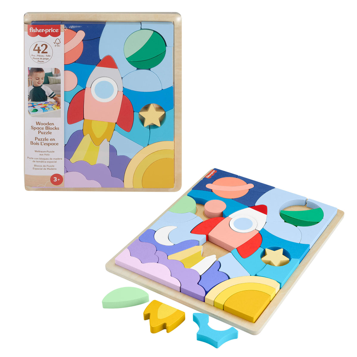 Fisher-Price Wooden Space Blocks Puzzle For Preschool Kids, 42 Wood Pieces