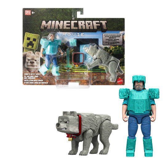 Minecraft La Película Figura de Acción Steve y Lobo 2-Pack