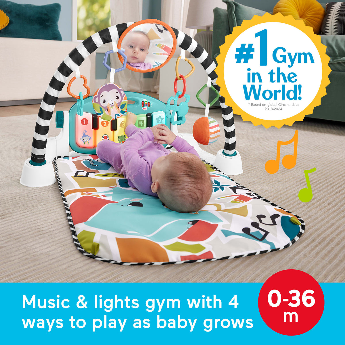 Fisher-Price Glow And Grow Kick & Play Piano Gym Baby Playmat With Musical Learning Toy, Blue