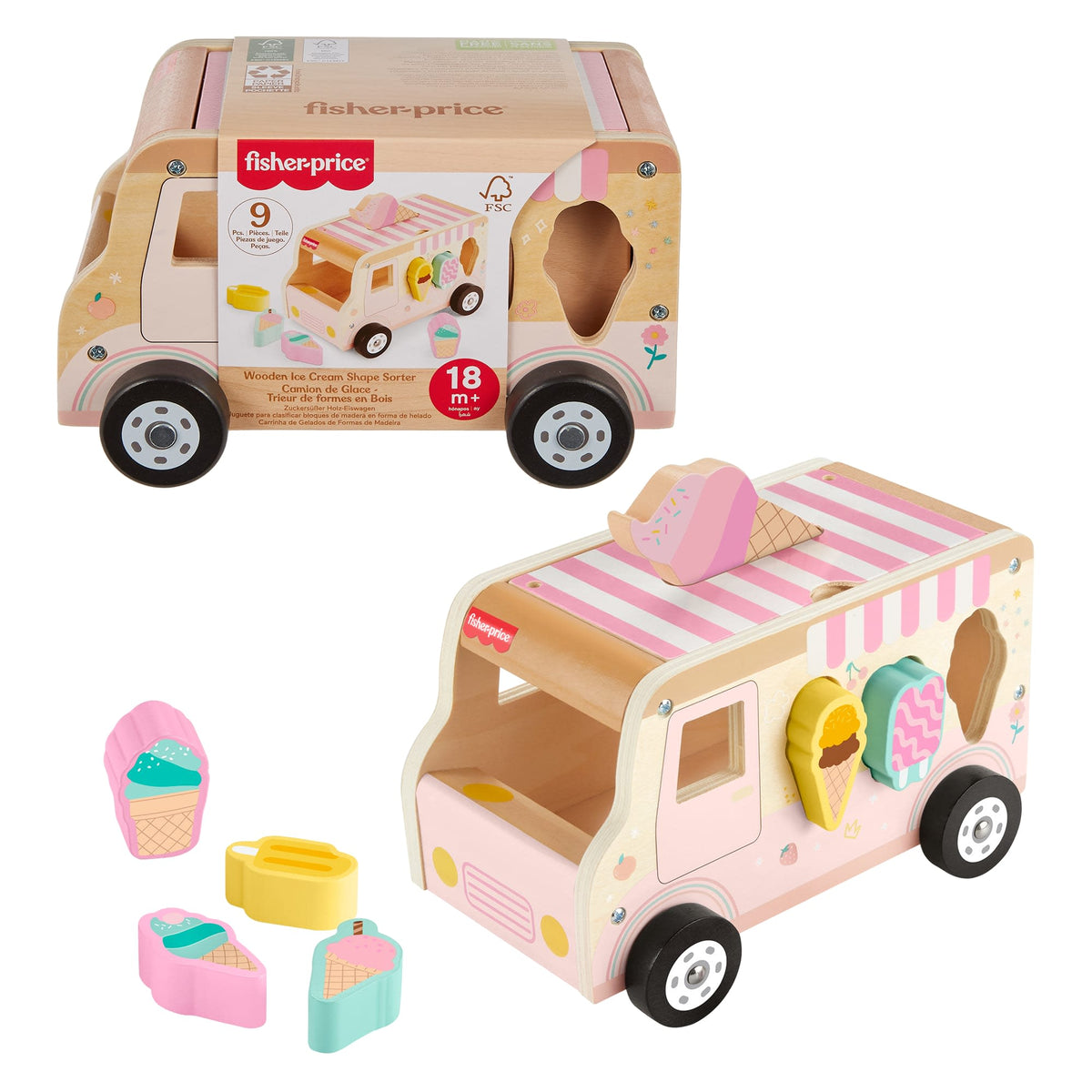 Fisher-Price Wooden Ice Cream Shape Sorter Set For Toddlers & Kids, 9 Wood Pieces