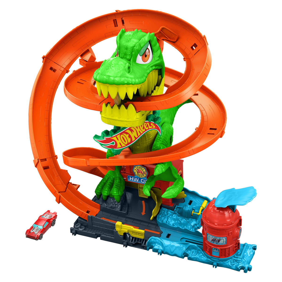 Hot Wheels City T-Rex Blaze Battle Playset & 1:64 Scale Die-Cast Car, Dinosaur Nemesis