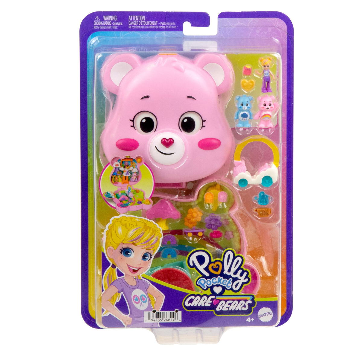 Polly Pocket X Care Bears Dolls & Playset With Toy Car And Themed Accessories, Compact Travel Toy