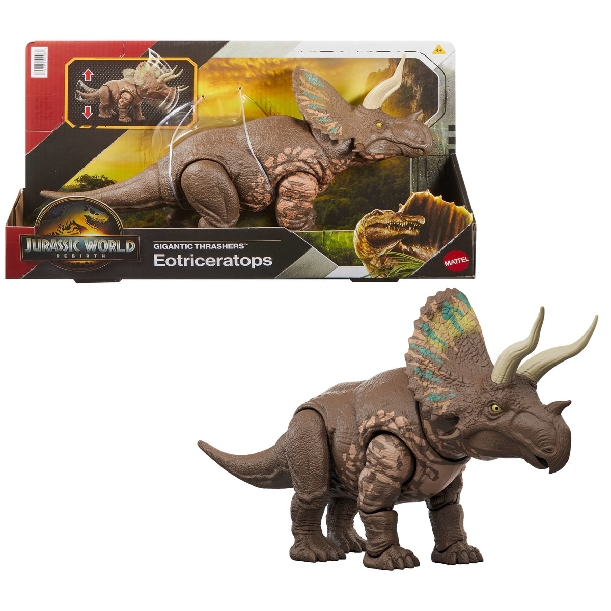 Jurassic World Rebirth Gigantic Thrashers Eotriceratops Dinosaur Figure Toy, Tail Activated Attack