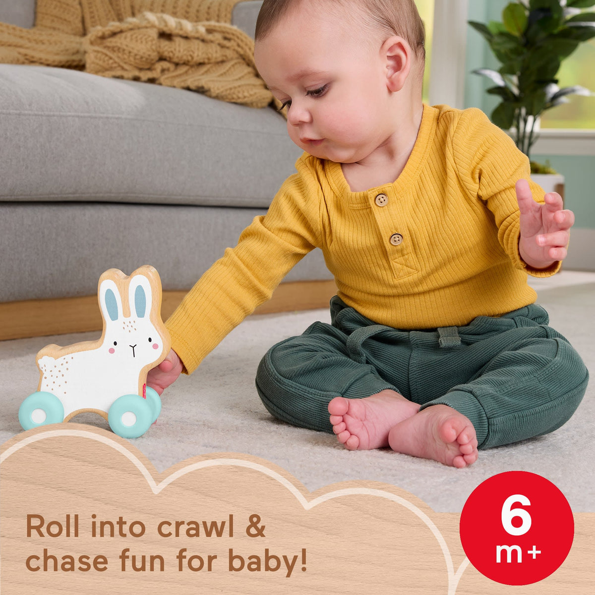 Fisher-Price Wooden Push-Along Bunny Toy Vehicle For Baby Crawling Play. 1 Wood Piece