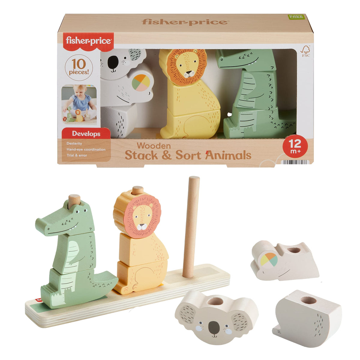 Fisher-Price Wooden Stack & Sort Animals Baby & Toddler Toy, 10 Wood Pieces