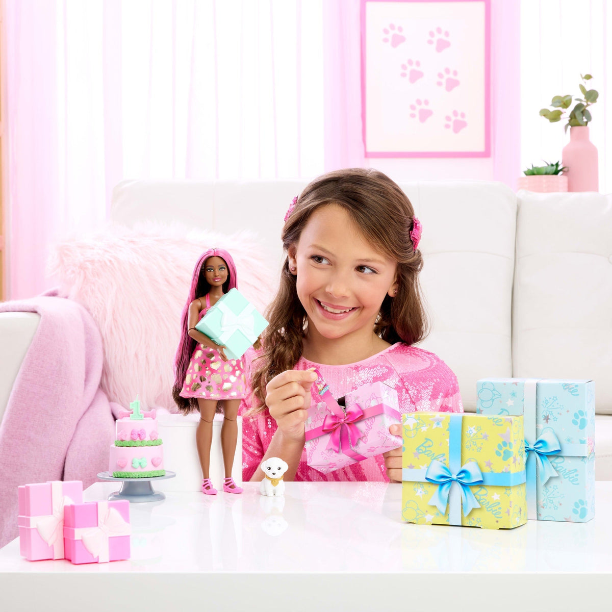 Barbie Party Unboxed Pet Birthday Series Doll & Accessories, Shimmerin’ Hearts Set With 10 Surprises