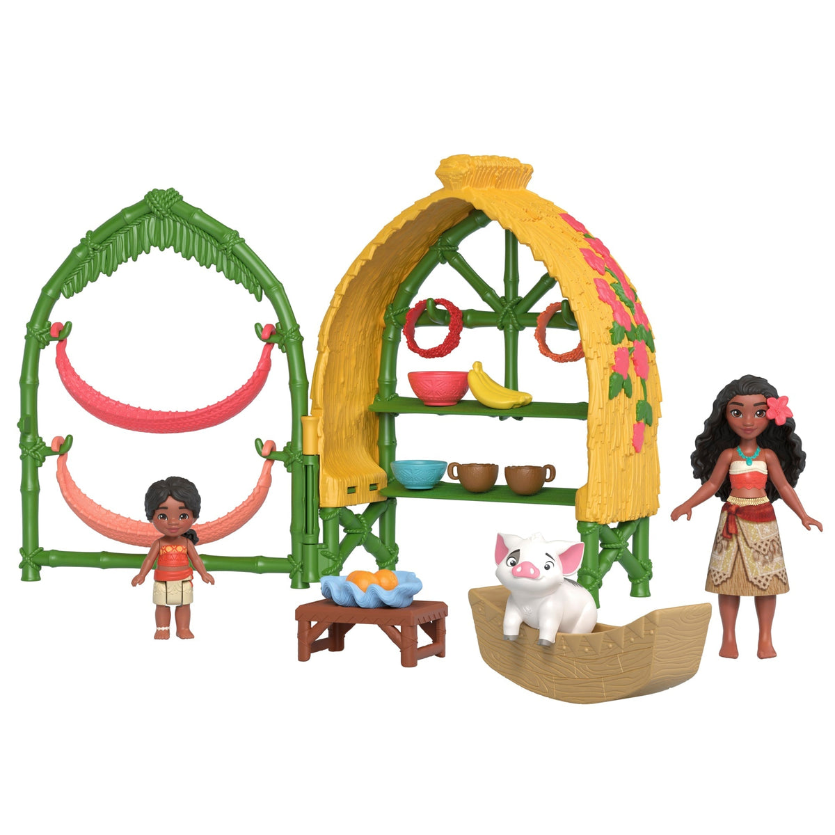 Disney Moana 2 Toys, Moana & Simea Village Home Playset, 2 Small Dolls, Friend Figure & 15 Accessories