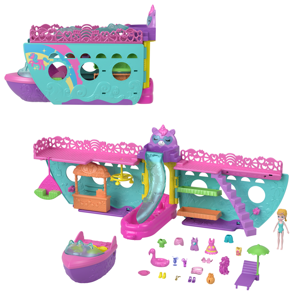 Polly Pocket Unicorn Dream Cruise Playset, Portable Boat With 1 Doll, Water Play And Color Change Accessories, 23 Total Pieces