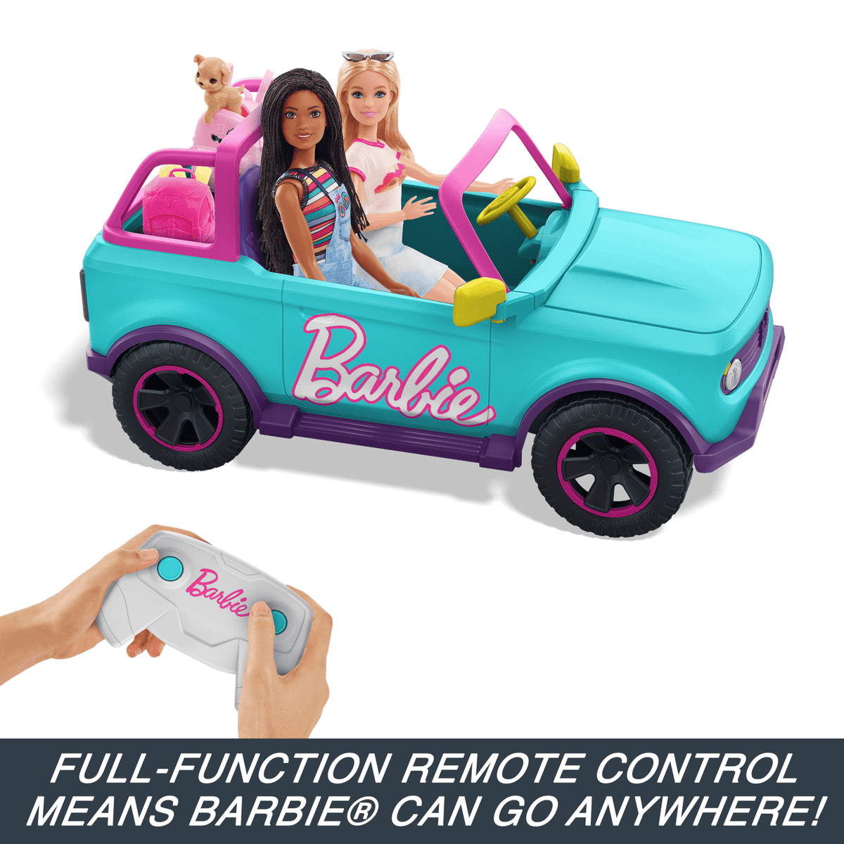 Hot Wheels Barbie RC Suv & Stickers, Battery-Powered Toy Truck, Fits 2 Barbie Dolls
