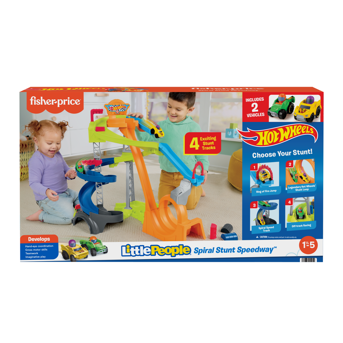 Little People Hot Wheels Spiral Stunt Speedway Toddler Race Track Playset, 2 Toy Cars