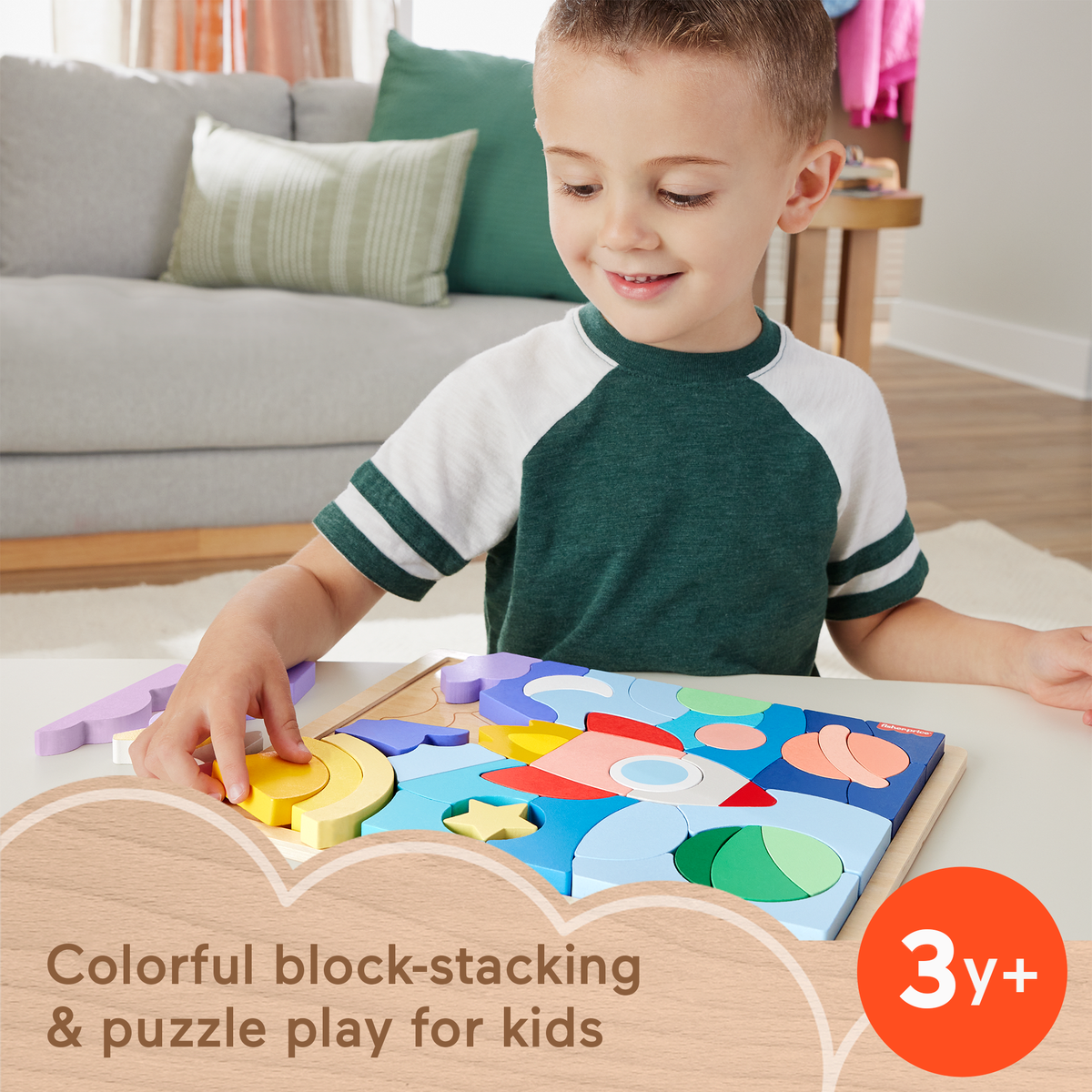 Fisher-Price Wooden Space Blocks Puzzle For Preschool Kids, 42 Wood Pieces