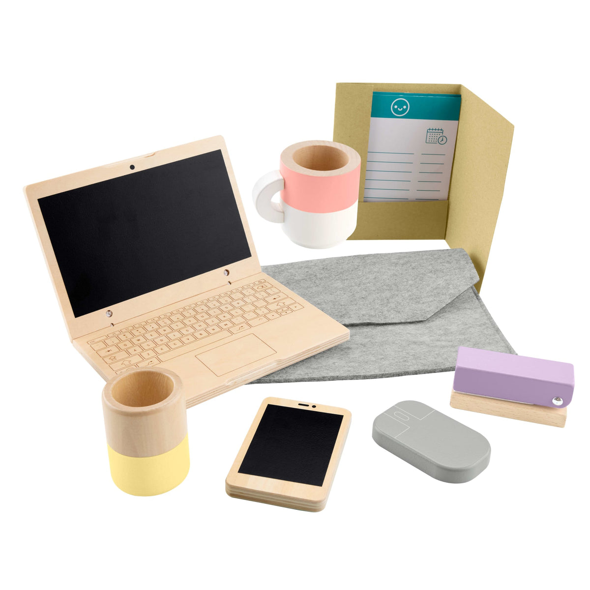 Fisher-Price Wood Pretend Play Work From Home Set, 9-Piece Office Playset With Wooden Toy Laptop & Phone For Preschool Kids Ages 3+ Years