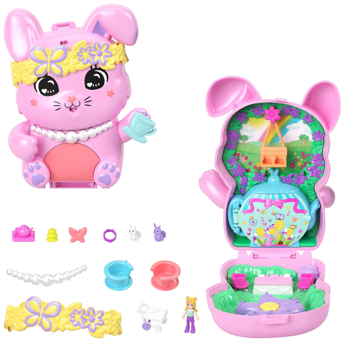 Polly Pocket Tea Party Bunny Compact Playset With 1 Micro Doll And Pet Bunnies, Travel Toy With Styling Accessories