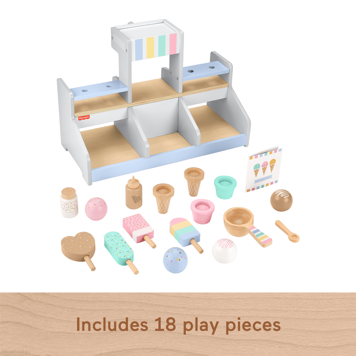 Fisher-Price Wooden Ice Cream Shop Set For Preschool Pretend Play, 18 Wood Pieces