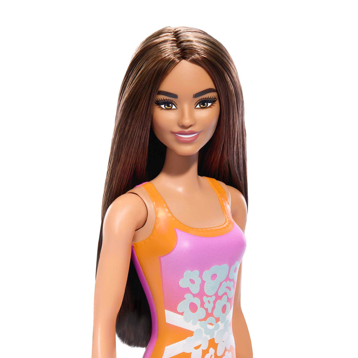 Beach Barbie Doll With Light Brown Hair Wearing Tropical Pink And Orange Swimsuit
