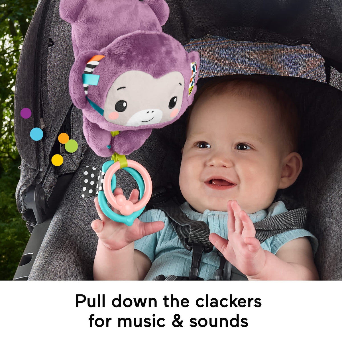 Fisher-Price Sing & Go Purple Monkey Plush Baby Stroller Sensory Toy For Newborns