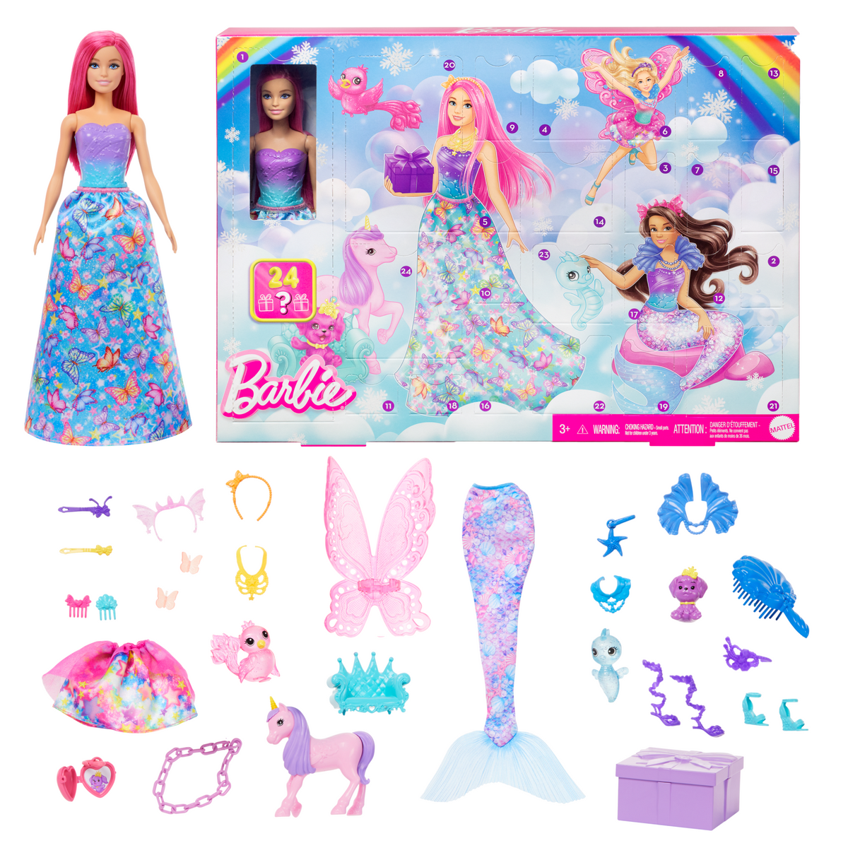 Barbie 2025 Advent Calendar, Fashion Doll & 24 Surprise Accessories, Transform To Mermaid & More