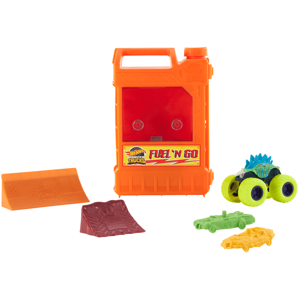 Hot Wheels Monster Trucks Fuel N’ Go Playset With 1:64 Scale Motosaurus Toy Truck & 2 Crushed Cars