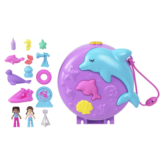 Polly Pocket Dolphin Rescue & Play Compact With 2 Micro Dolls And Sea Pets, Animal Toy With Ocean Accessories