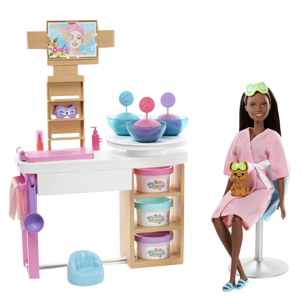 Coffret de Jeu Journée Au Spa et Masque Facial Barbie®, Poupée Barbie® Brunette, Chiot, Jouet à Mouler et Pâte