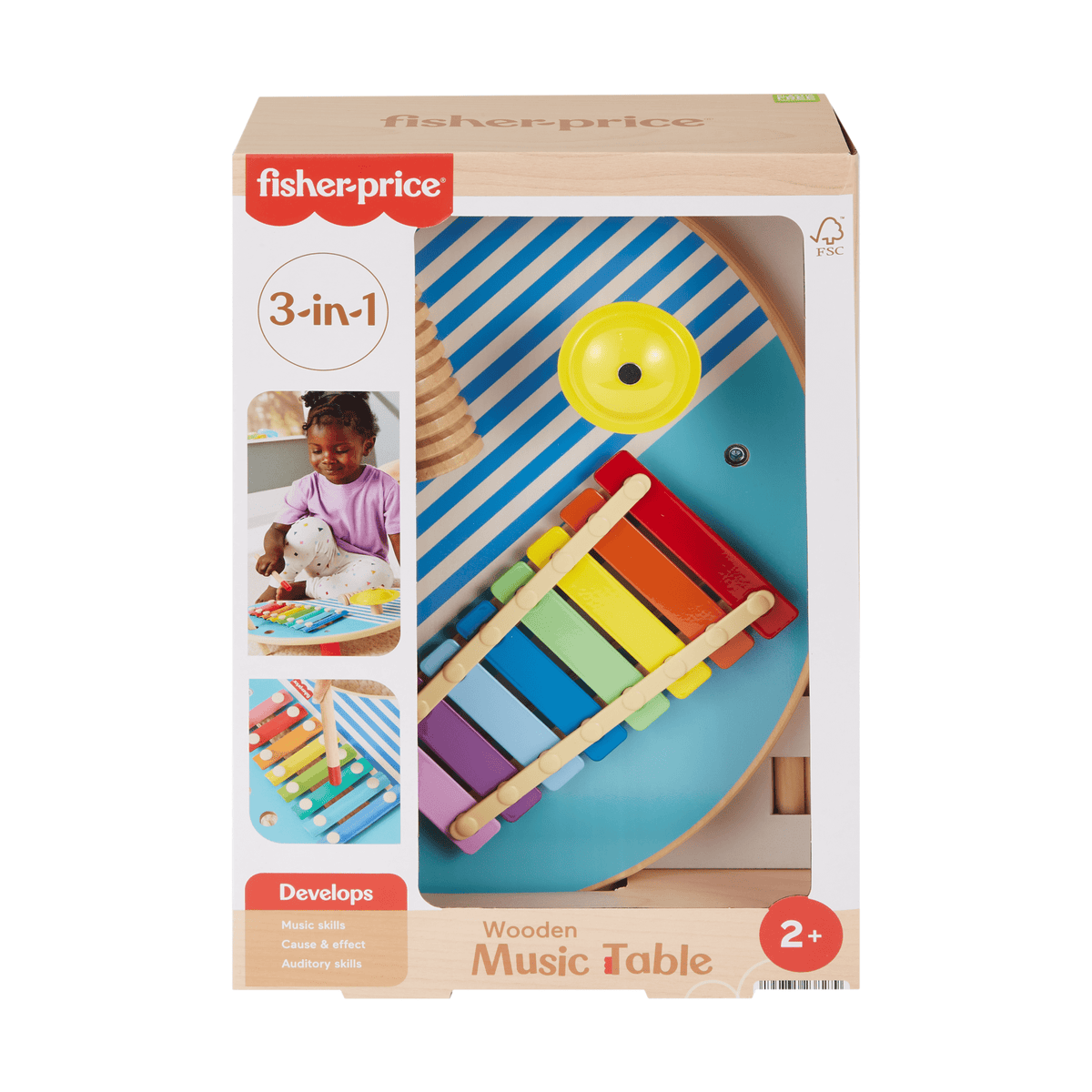 Fisher-Price Wooden Musical Table With Percussion instrument Toys, 3 Wood Pieces