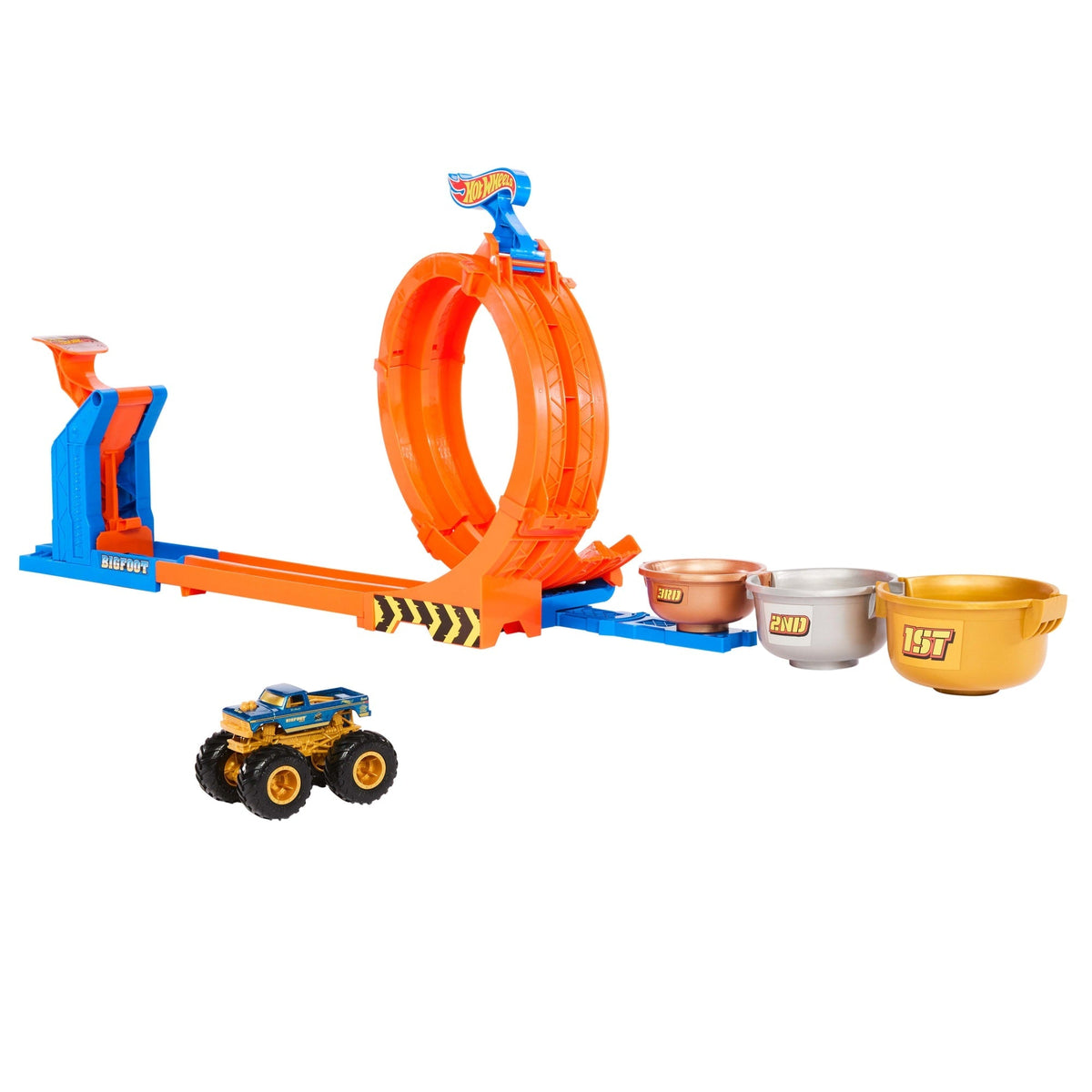 Hot Wheels Monster Trucks Pista de Juguete Competencia de Big Foot Giros Extremos