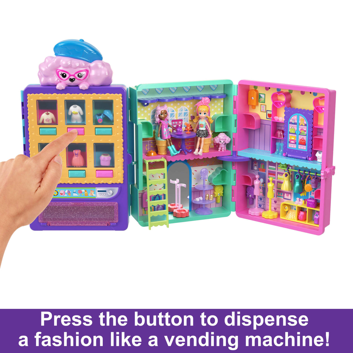 Polly Pocket Candy Style Fashion Drop Playset With 2 Dolls (3-inch), Vending Machine, 35+ Accessories