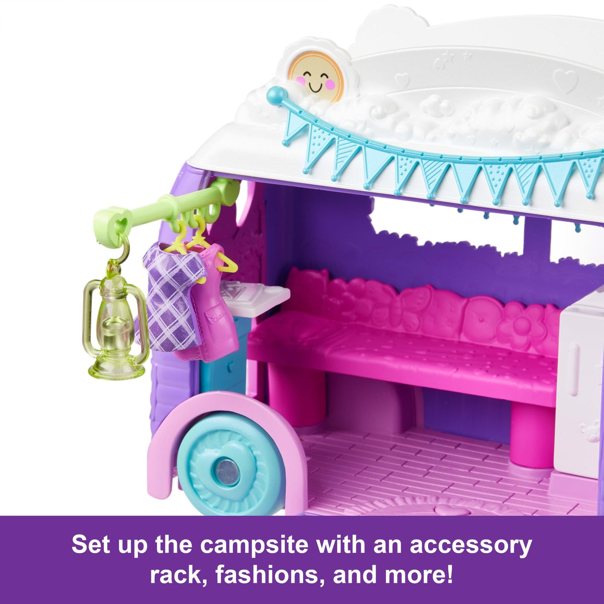 Polly Pocket Glamping Camper Van, Doll & Pet Playset, Camping & Food Accessories, Travel Toy