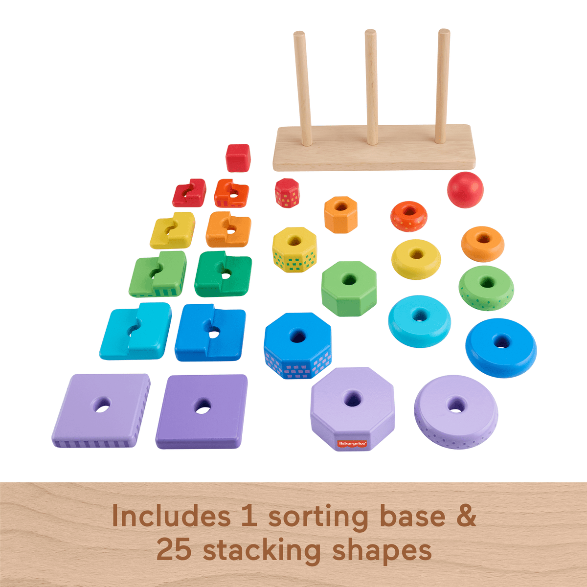 Fisher-Price Wooden Stacking Shape Sorter Toddler Fine Motor Toy, 26 Wood Pieces